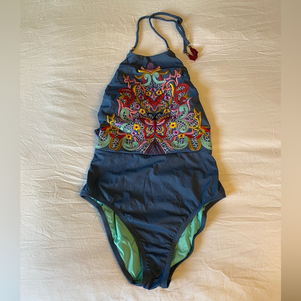 Nanette Lepore Embroidered One Piece Swimsuit Open Back Size S